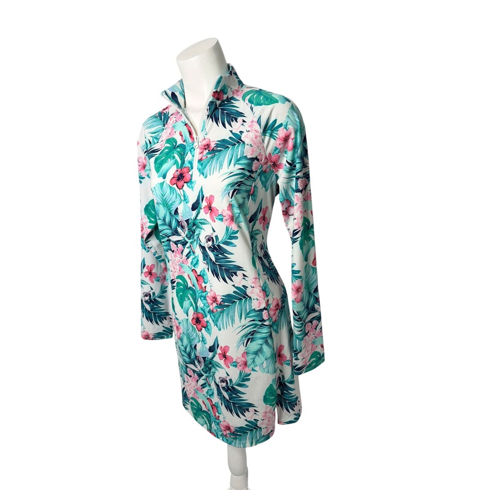 Tommy Bahama Golf & Tennis Dress Womens Medium Tropical Floral Quarter Zip Teal - Picture 2 of 7